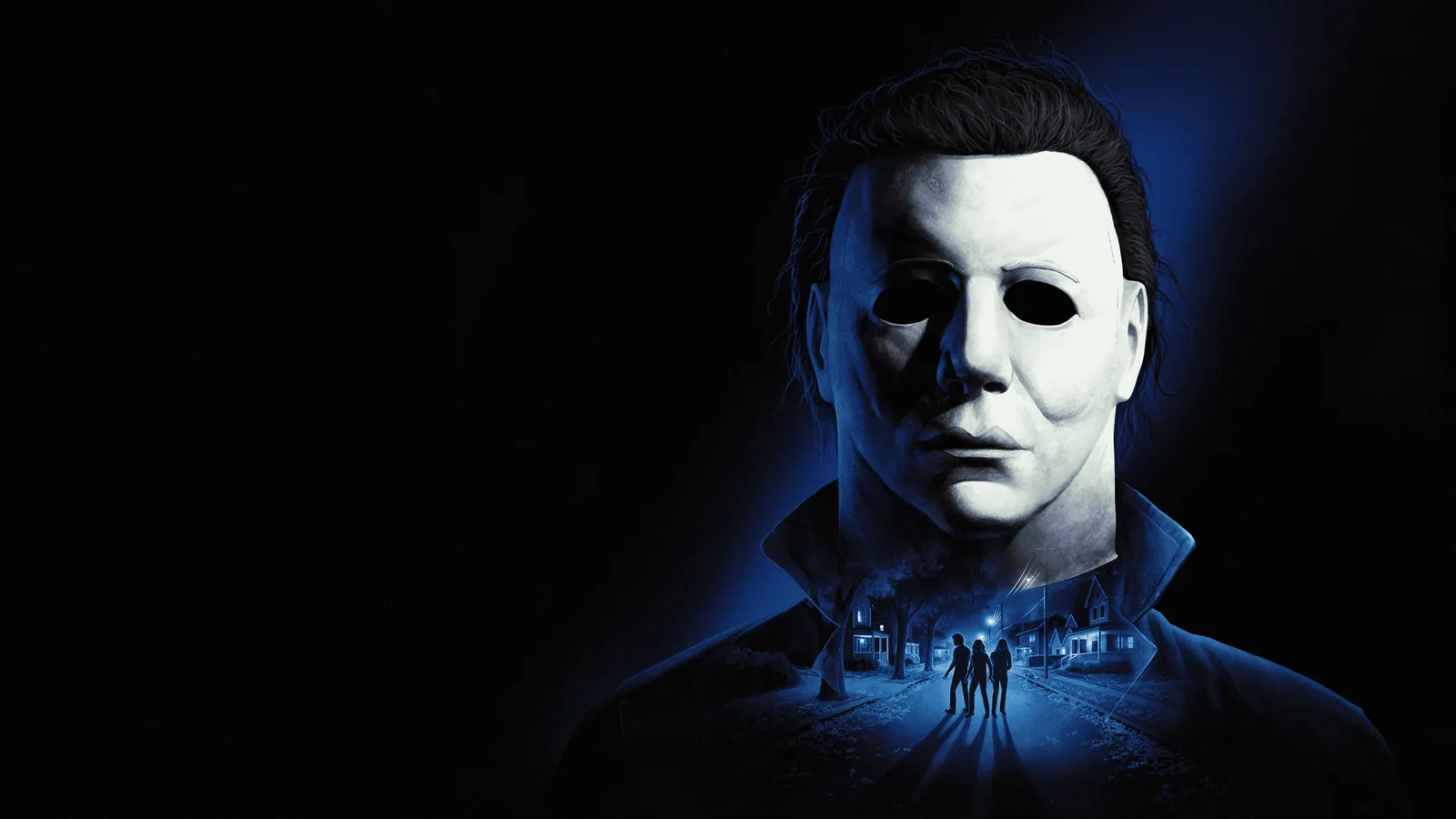 Michael Myers above a moonlit Haddonfield street with four Civilians below