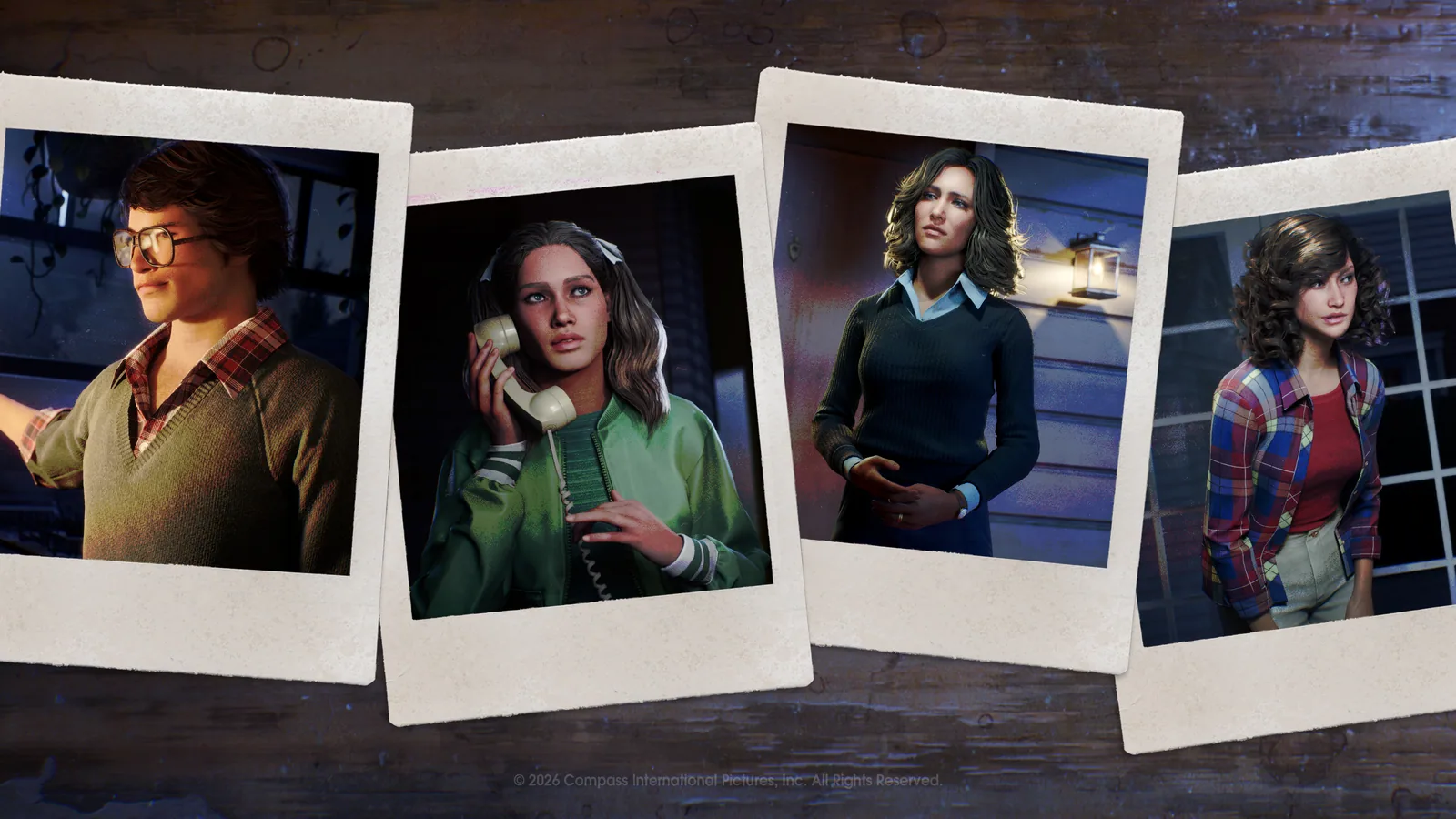 Official portraits of Bob Simms, Lynda Van Der Klok, Laurie Strode, and Annie Brackett arranged as instant photos