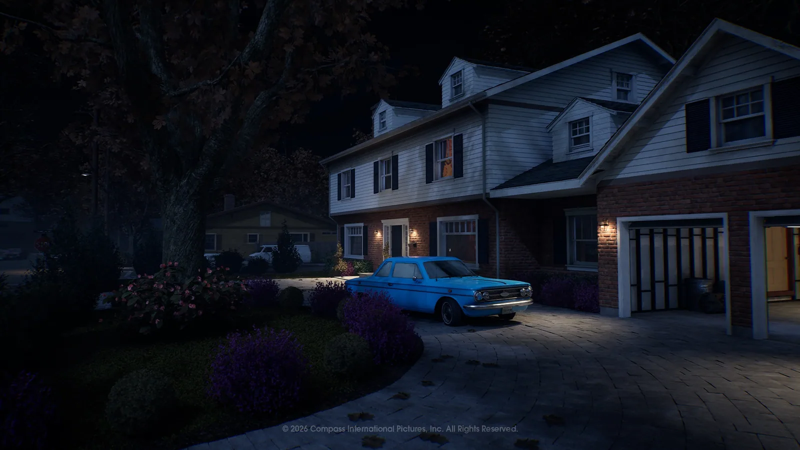 A large Orange Grove Estates house with an open garage and a blue car in the driveway
