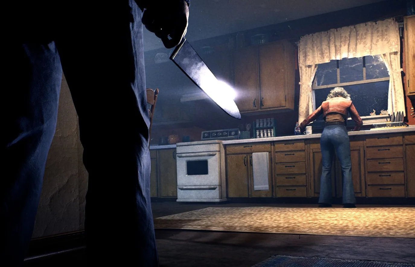 Michael Myers approaching a person from behind in a dim kitchen scene