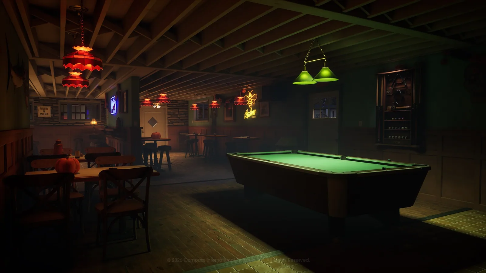 Pool tables and warm hanging lights inside Patty's Pub